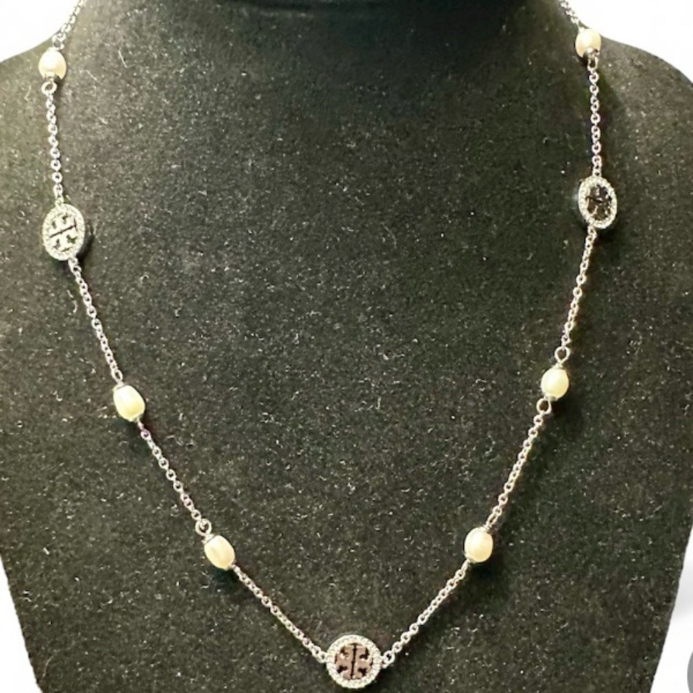 NEW Authentic Tory Burch Pearl & Silver Double T Logo Pave Necklace with Tag - Picture 7 of 7